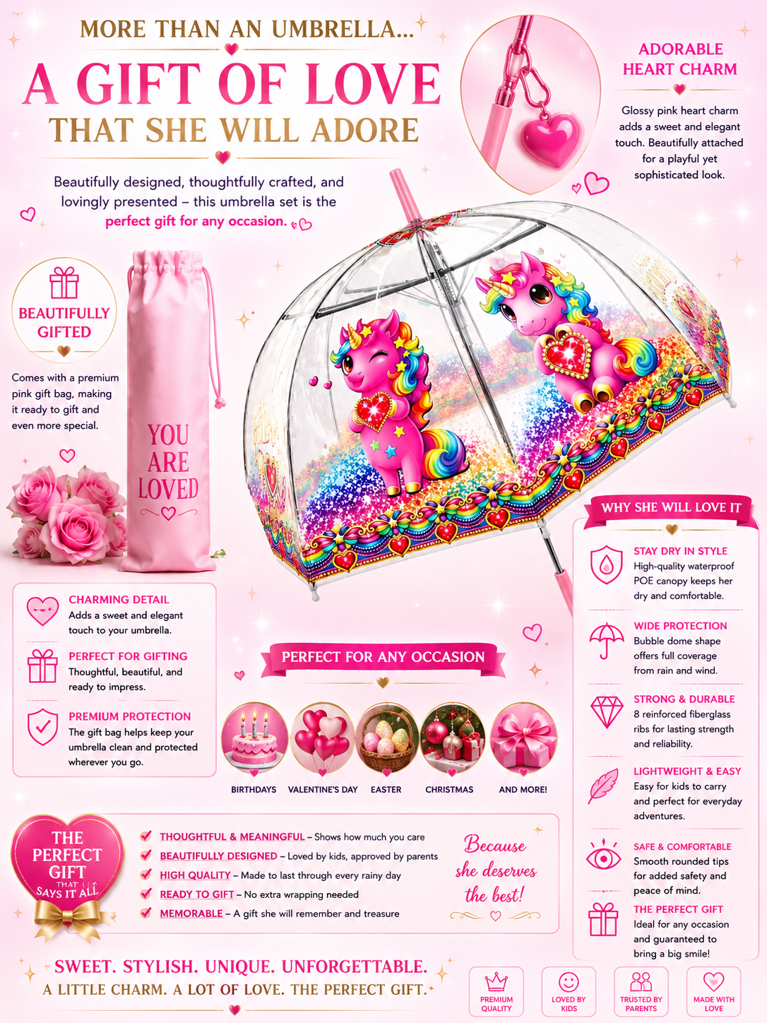 Clear Dome Umbrella – Pink Unicor Bubble Umbrella for Kids & Adults, Clear Dome Canopy, 8 Fiberglass Ribs, Auto Open, Pinch-Free Close, Curved Comfort Handle With Heart Charm,YOU ARE LOVED Collection.