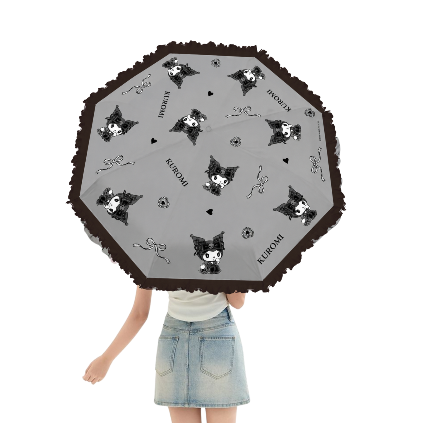 Sanrio Kuromi Telescopic Lace Trim – 3 Fold Travel Compact UV Protection Sun & Rain Umbrella , 8 Fiberglass Ribs & Pinch-Free Safety Design