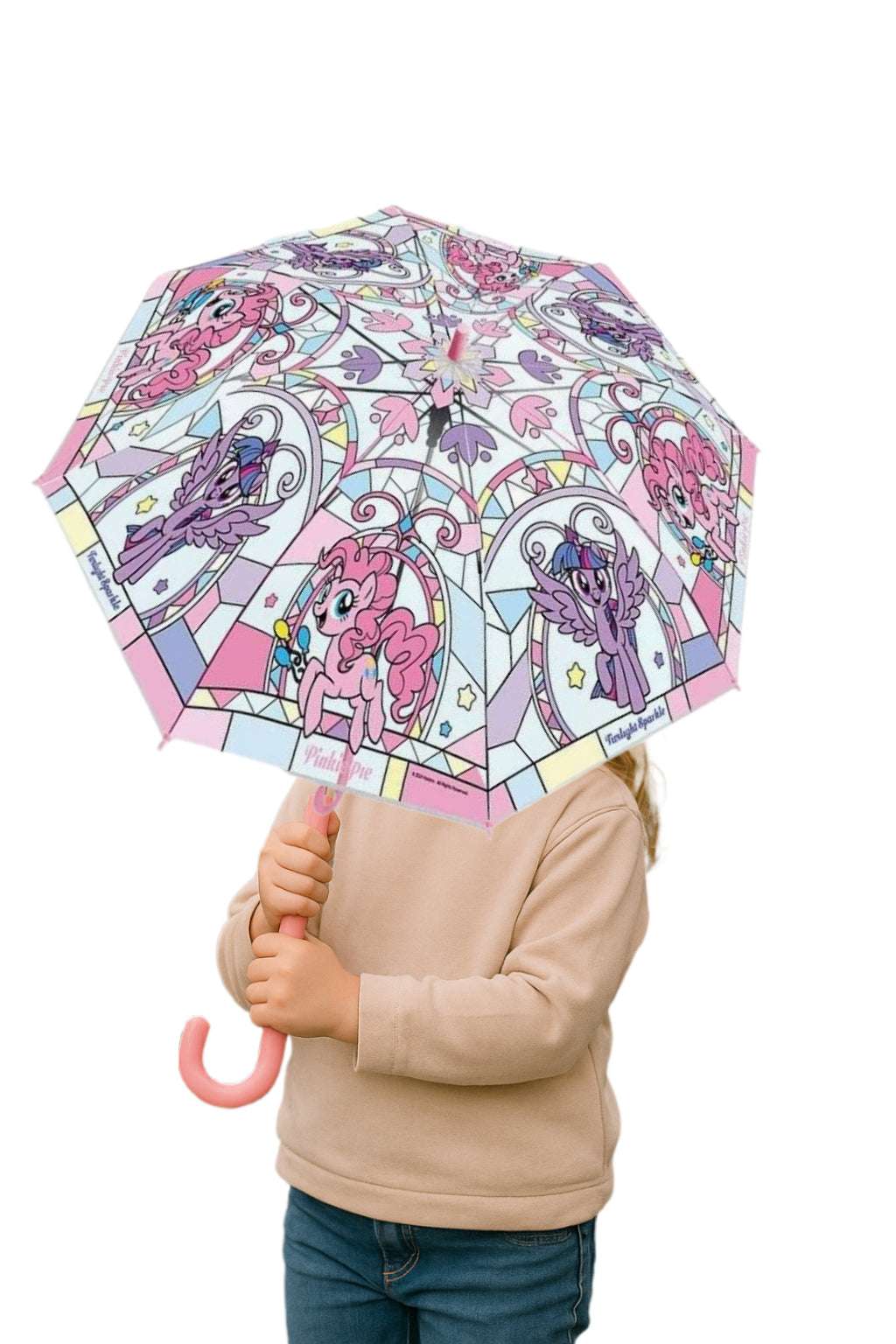 Hasbro Stained Glass My Little Pony Cute Transparent Stick Umbrella Auto Open 8 Fiberglass Rib 21".Purple