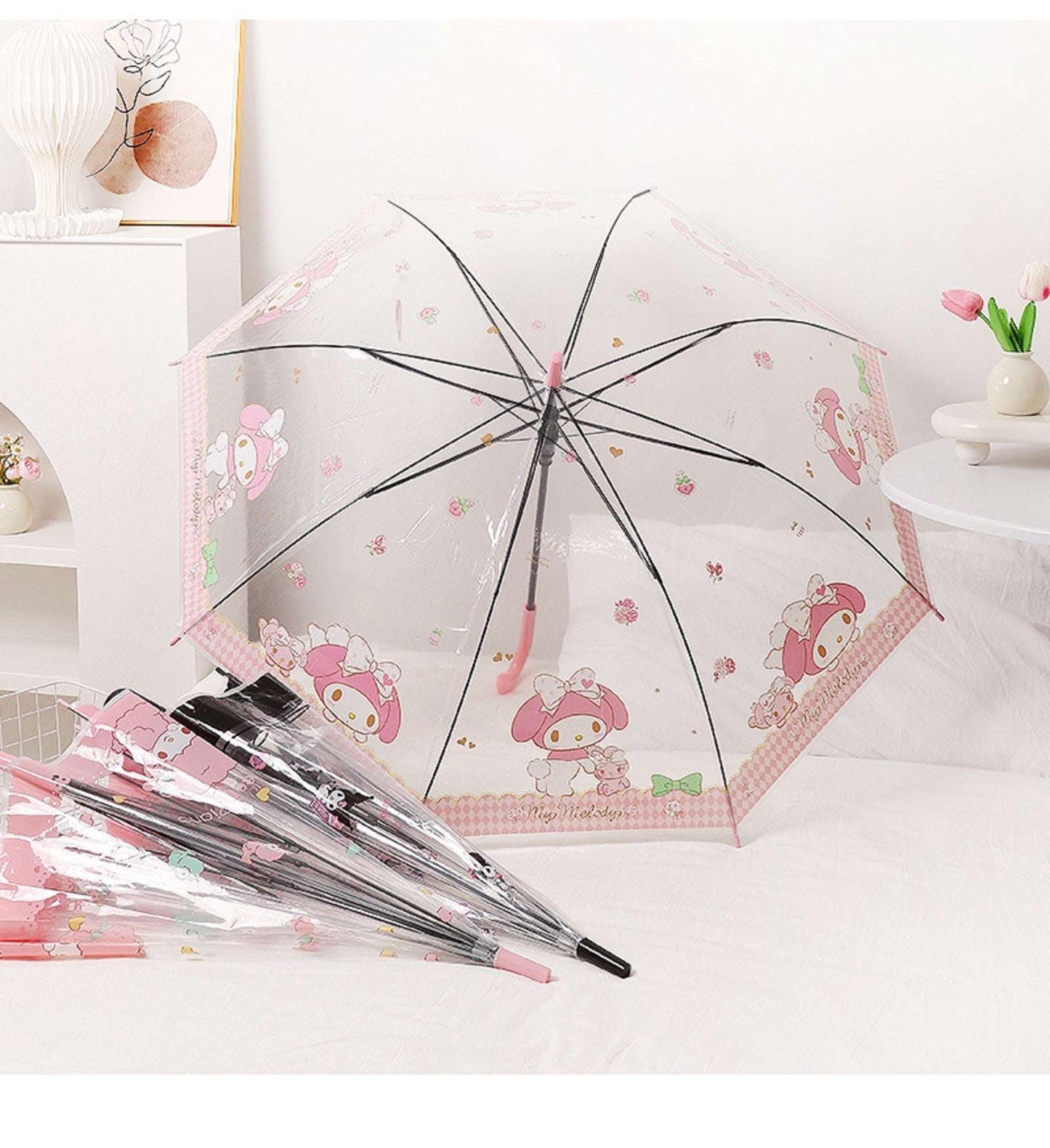Sanrio My Melody Kawaii Semi-Auto Transparent Cute Fashionable Dome-Shaped Vinyl Stick Umbrella.