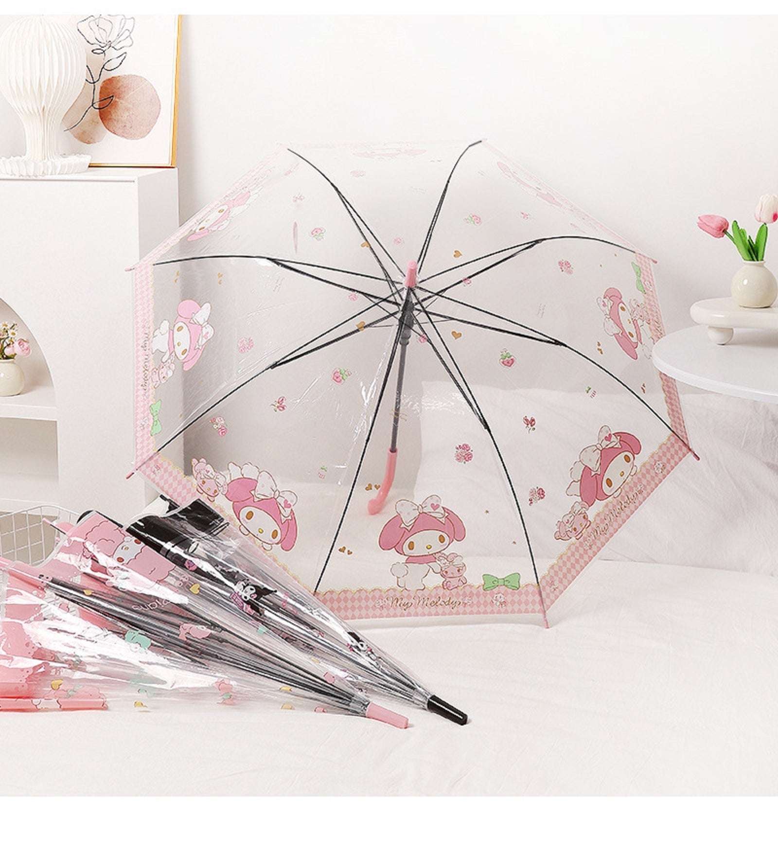 Sanrio My Melody Kawaii Semi-Auto Transparent Cute Fashionable Dome-Shaped Vinyl Stick Umbrella.