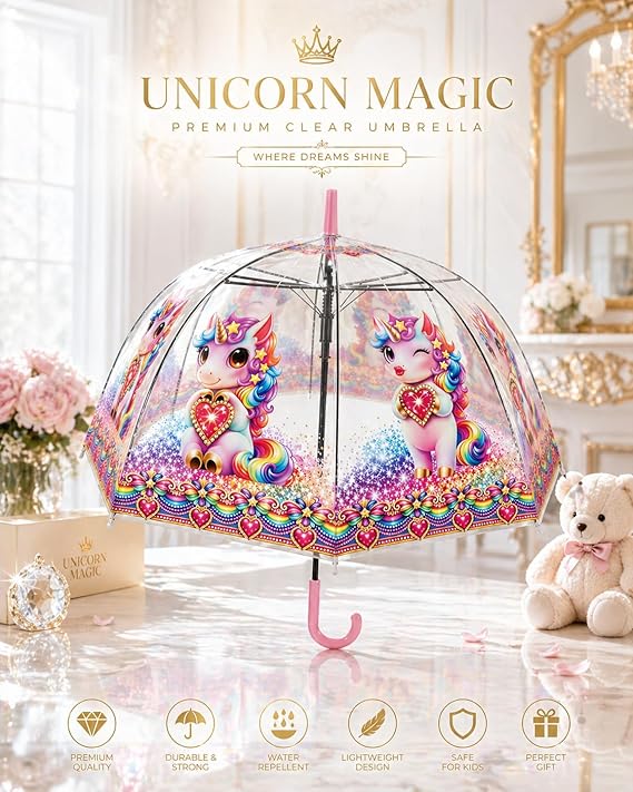 Clear Dome Umbrella – Rainbow Unicorn Bubble Umbrella for Kids & Adults, Clear Dome Canopy, 8 Fiberglass Ribs, Auto Open, Pinch-Free Close, Curved Comfort Handle With Heart Charm,YOU ARE LOVED Collection. (Copy) (Copy)