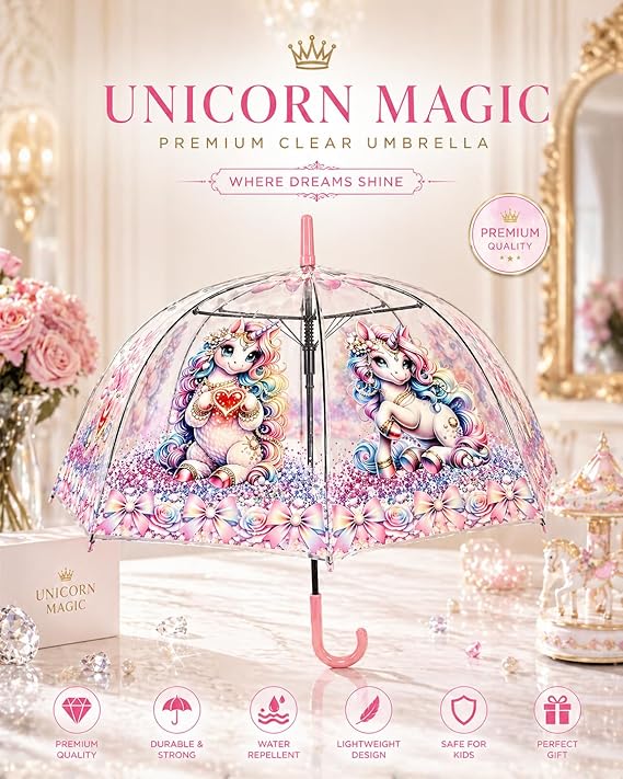 Clear Dome Umbrella – Pastel Unicorn Bubble Umbrella for Kids & Adults, Clear Dome Canopy, 8 Fiberglass Ribs, Auto Open, Pinch-Free Close, Curved Comfort Handle With Heart Charm,YOU ARE LOVED Collection. (Copy) (Copy) (Copy)