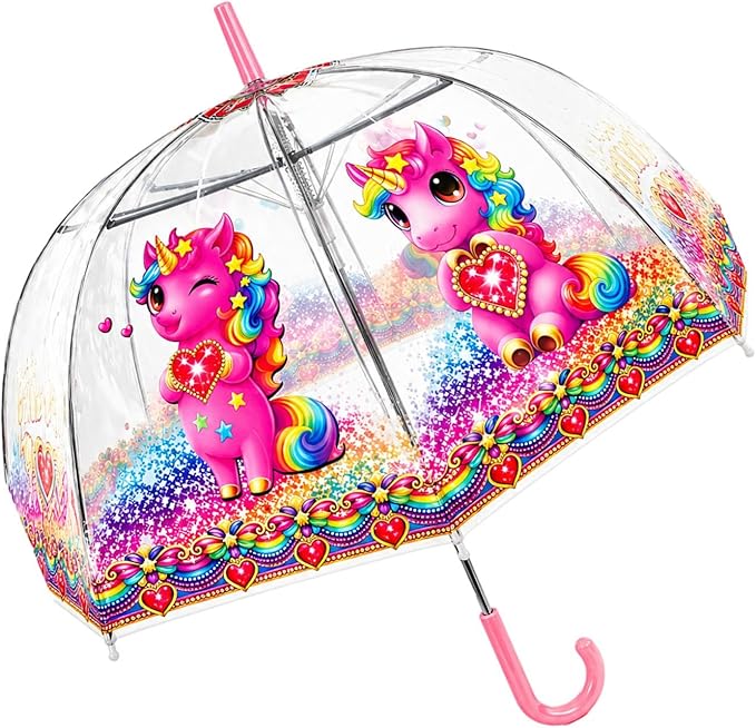 Clear Dome Umbrella – Pink Unicor Bubble Umbrella for Kids & Adults, Clear Dome Canopy, 8 Fiberglass Ribs, Auto Open, Pinch-Free Close, Curved Comfort Handle With Heart Charm,YOU ARE LOVED Collection.
