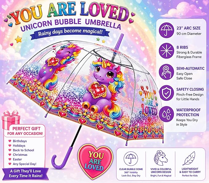 Clear Dome Umbrella – Purple Unicor Bubble Umbrella for Kids & Adults, Clear Dome Canopy, 8 Fiberglass Ribs, Auto Open, Pinch-Free Close, Curved Comfort Handle With Heart Charm,YOU ARE LOVED Collection. (Copy)