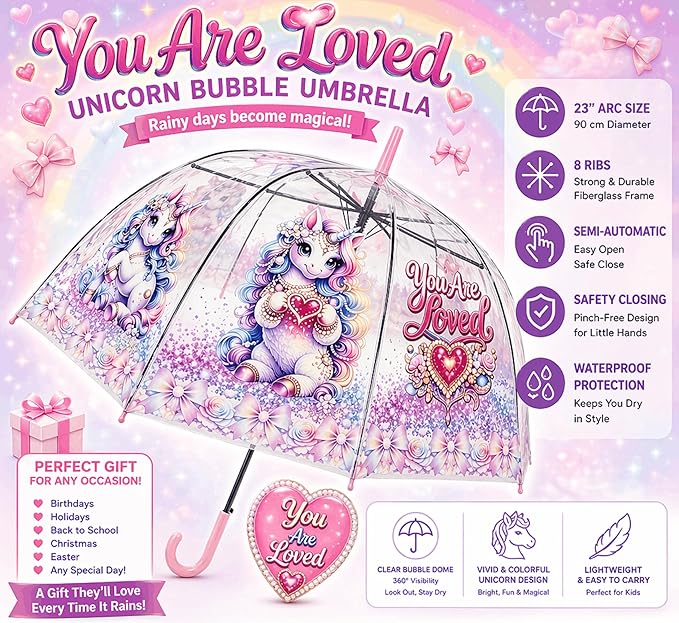 Clear Dome Umbrella – Pastel Unicorn Bubble Umbrella for Kids & Adults, Clear Dome Canopy, 8 Fiberglass Ribs, Auto Open, Pinch-Free Close, Curved Comfort Handle With Heart Charm,YOU ARE LOVED Collection. (Copy) (Copy) (Copy)