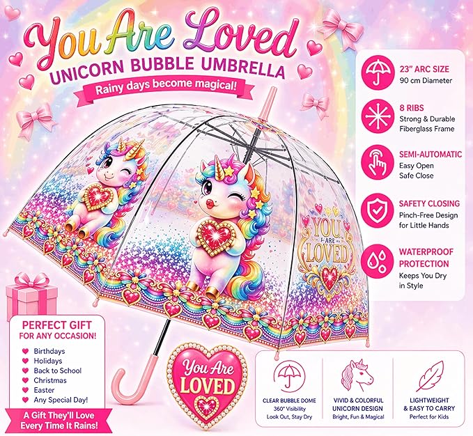 Clear Dome Umbrella – Rainbow Unicorn Bubble Umbrella for Kids & Adults, Clear Dome Canopy, 8 Fiberglass Ribs, Auto Open, Pinch-Free Close, Curved Comfort Handle With Heart Charm,YOU ARE LOVED Collection. (Copy) (Copy)