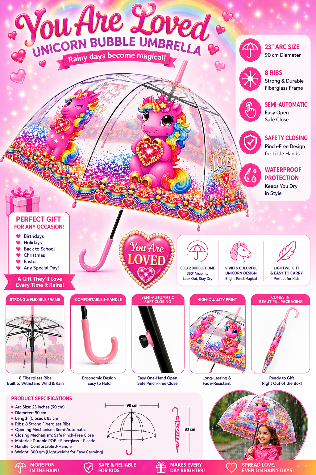 Clear Dome Umbrella – Pink Unicor Bubble Umbrella for Kids & Adults, Clear Dome Canopy, 8 Fiberglass Ribs, Auto Open, Pinch-Free Close, Curved Comfort Handle With Heart Charm,YOU ARE LOVED Collection.