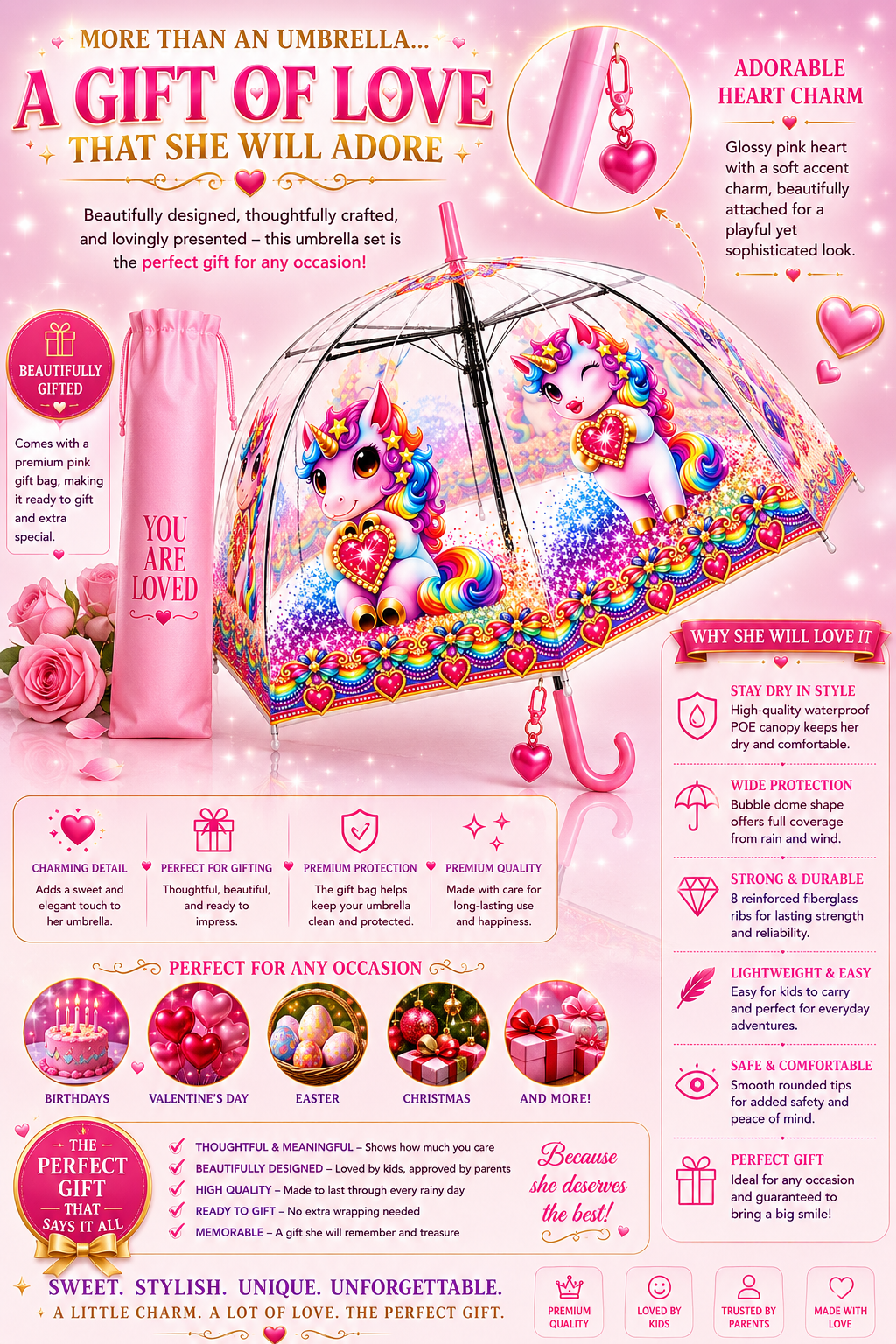 Clear Dome Umbrella – Rainbow Unicorn Bubble Umbrella for Kids & Adults, Clear Dome Canopy, 8 Fiberglass Ribs, Auto Open, Pinch-Free Close, Curved Comfort Handle With Heart Charm,YOU ARE LOVED Collection. (Copy) (Copy)