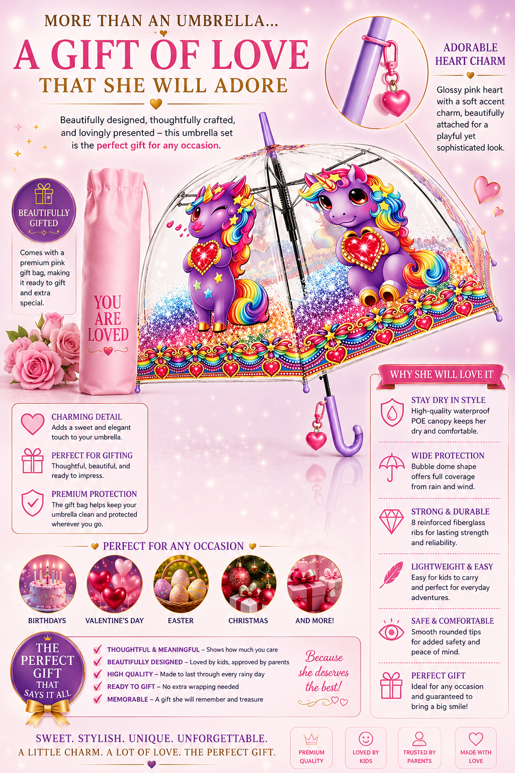 Clear Dome Umbrella – Purple Unicor Bubble Umbrella for Kids & Adults, Clear Dome Canopy, 8 Fiberglass Ribs, Auto Open, Pinch-Free Close, Curved Comfort Handle With Heart Charm,YOU ARE LOVED Collection. (Copy)