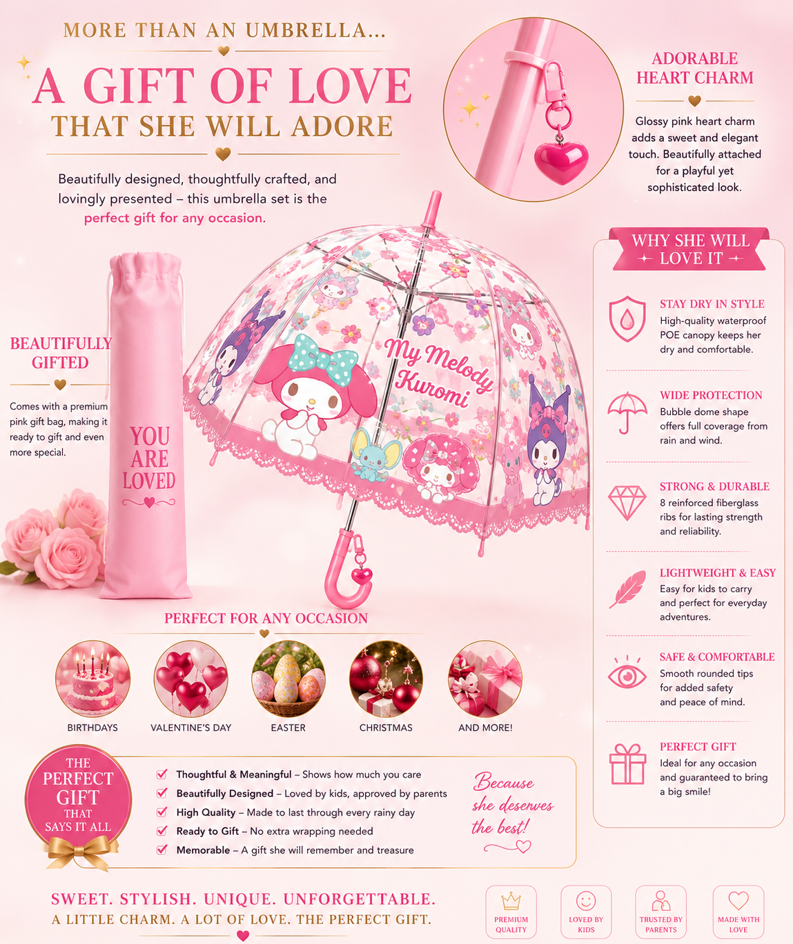 Sanrio My Melody & Kuromi Cute Fashionable  Vinyl Stick Gift Umbrellawith Heart Charm.