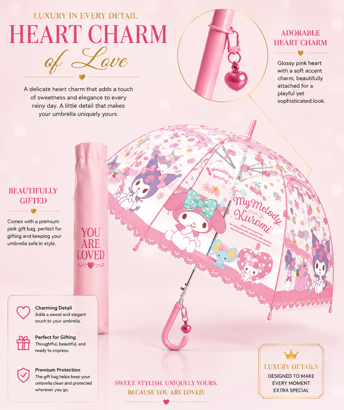 Sanrio My Melody & Kuromi Cute Fashionable  Vinyl Stick Gift Umbrellawith Heart Charm.
