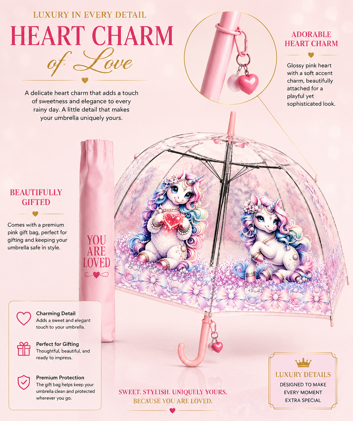 Clear Dome Umbrella – Pastel Unicorn Bubble Umbrella for Kids & Adults, Clear Dome Canopy, 8 Fiberglass Ribs, Auto Open, Pinch-Free Close, Curved Comfort Handle With Heart Charm,YOU ARE LOVED Collection. (Copy) (Copy) (Copy)