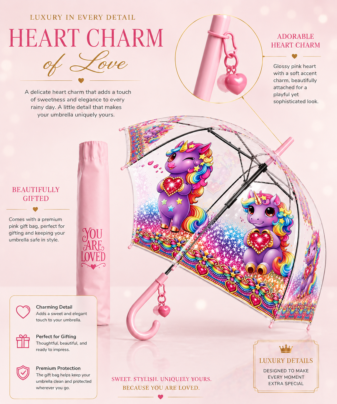 Clear Dome Umbrella – Purple Unicor Bubble Umbrella for Kids & Adults, Clear Dome Canopy, 8 Fiberglass Ribs, Auto Open, Pinch-Free Close, Curved Comfort Handle With Heart Charm,YOU ARE LOVED Collection. (Copy)