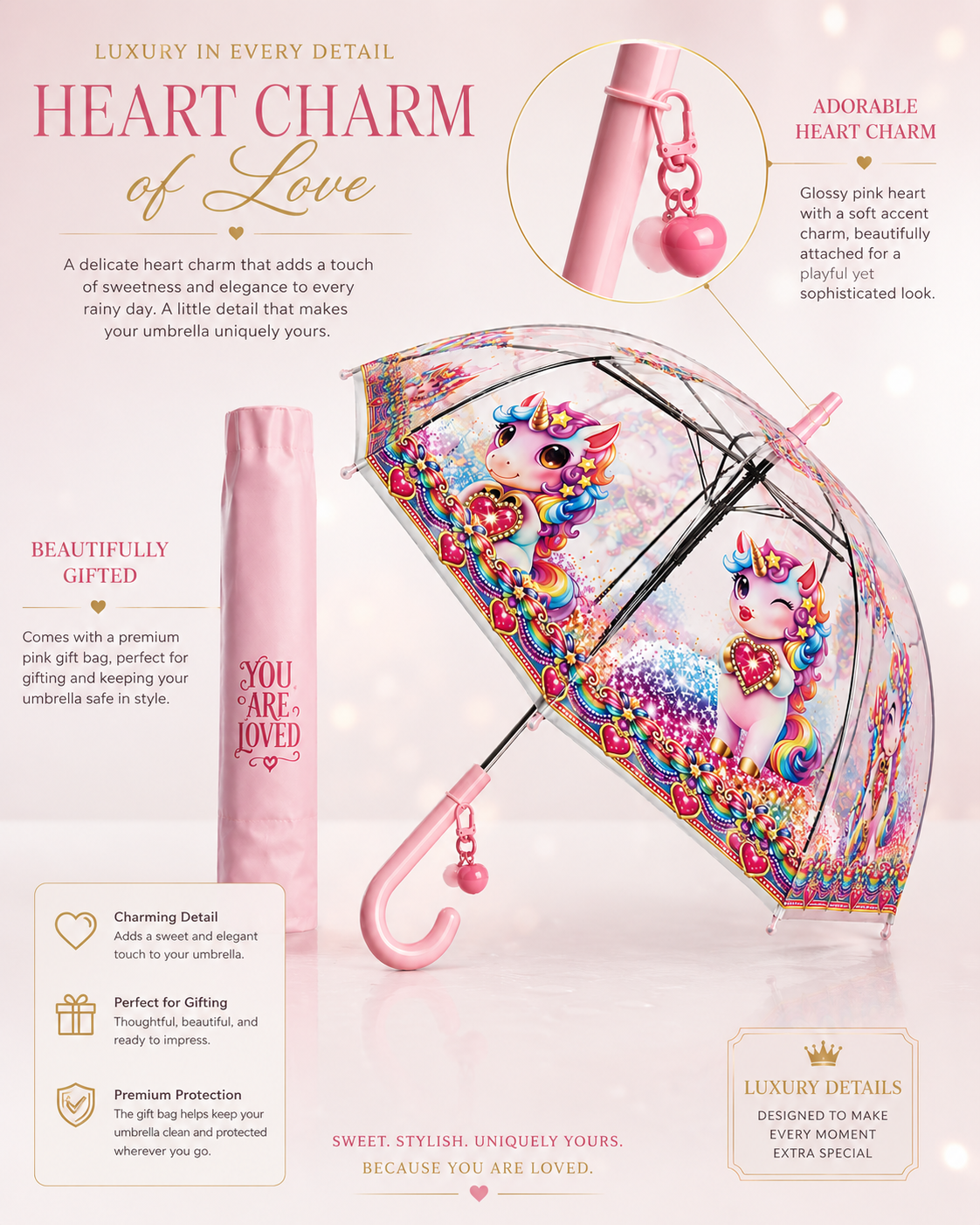 Clear Dome Umbrella – Rainbow Unicorn Bubble Umbrella for Kids & Adults, Clear Dome Canopy, 8 Fiberglass Ribs, Auto Open, Pinch-Free Close, Curved Comfort Handle With Heart Charm,YOU ARE LOVED Collection. (Copy) (Copy)
