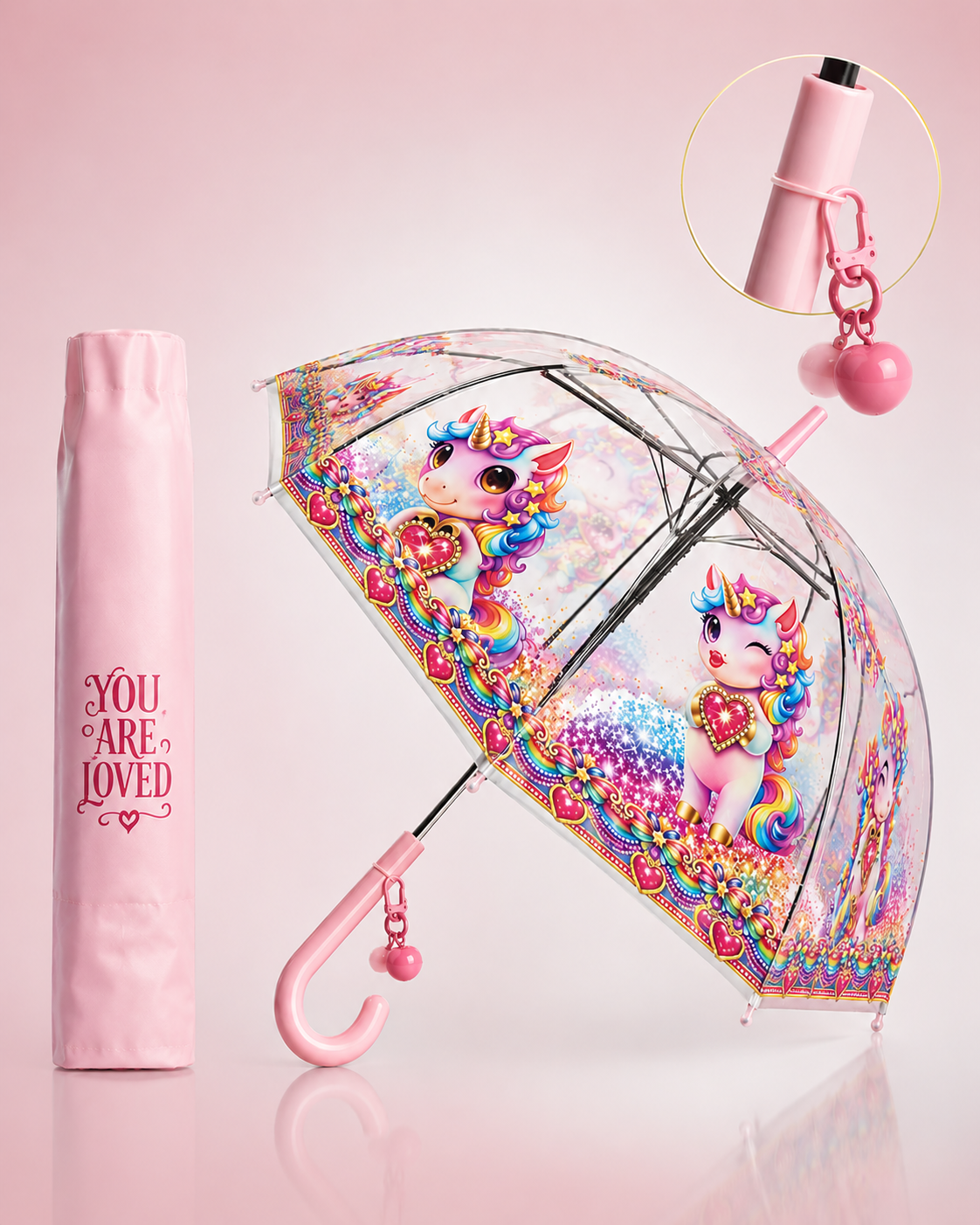 Clear Dome Umbrella – Rainbow Unicorn Bubble Umbrella for Kids & Adults, Clear Dome Canopy, 8 Fiberglass Ribs, Auto Open, Pinch-Free Close, Curved Comfort Handle With Heart Charm,YOU ARE LOVED Collection. (Copy) (Copy)