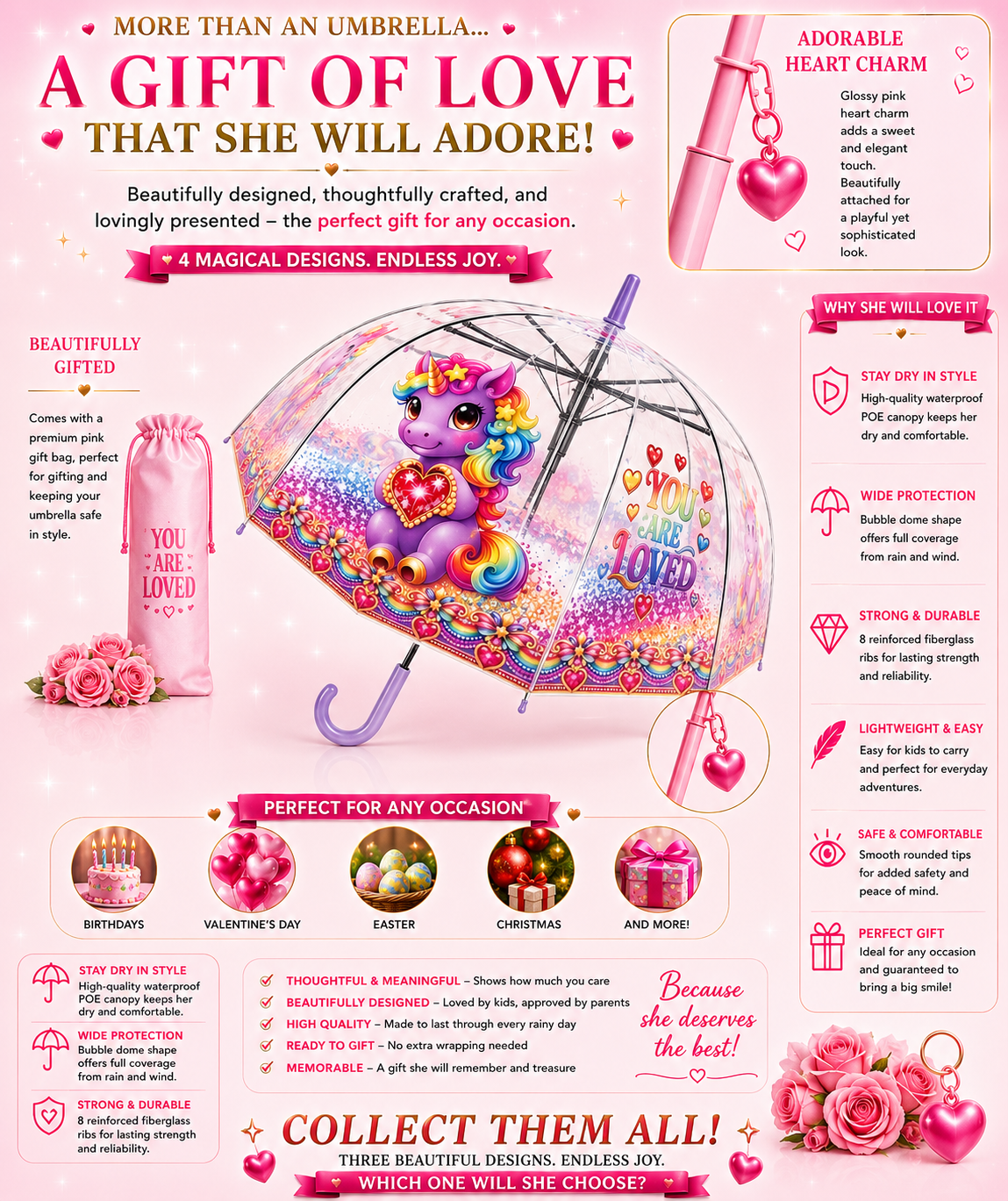 Clear Dome Umbrella – Purple Unicor Bubble Umbrella for Kids & Adults, Clear Dome Canopy, 8 Fiberglass Ribs, Auto Open, Pinch-Free Close, Curved Comfort Handle With Heart Charm,YOU ARE LOVED Collection. (Copy)