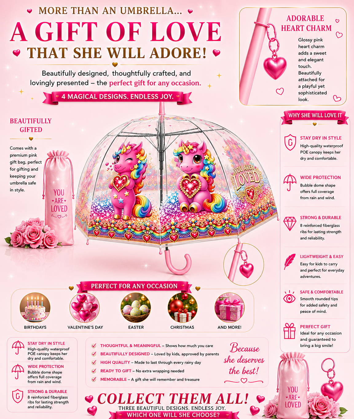 Clear Dome Umbrella – Pink Unicor Bubble Umbrella for Kids & Adults, Clear Dome Canopy, 8 Fiberglass Ribs, Auto Open, Pinch-Free Close, Curved Comfort Handle With Heart Charm,YOU ARE LOVED Collection.