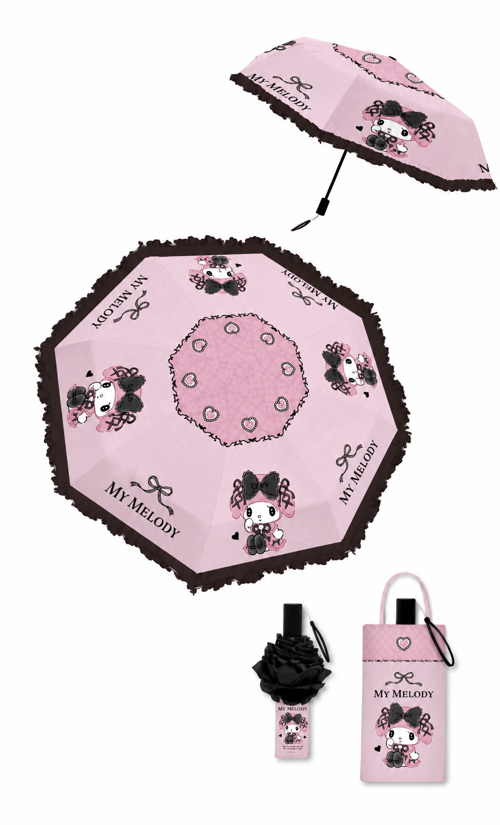 Sanrio My Melody Telescopic Lace Trim – 3 Fold Travel Compact UV Protection Sun & Rain Umbrella , 8 Fiberglass Ribs & Pinch-Free Safety Design