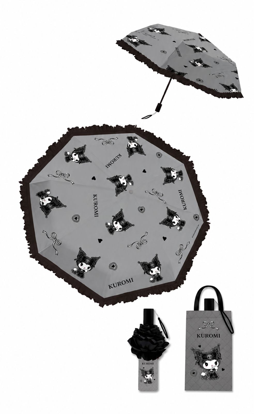 Sanrio Kuromi   Telescopic Lace Trim – 3 Fold Travel Compact UV Protection Sun & Rain Umbrella , 8 Fiberglass Ribs & Pinch-Free Safety Design