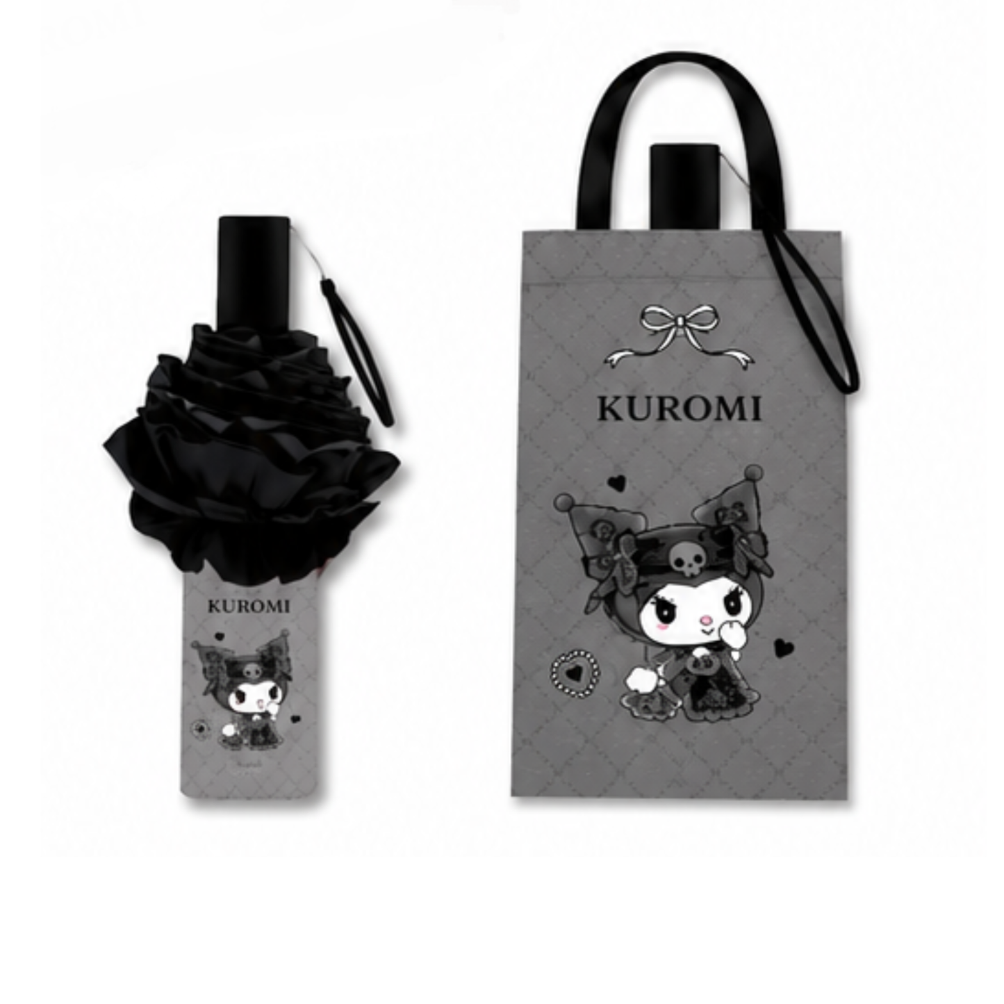 Sanrio Kuromi   Telescopic Lace Trim – 3 Fold Travel Compact UV Protection Sun & Rain Umbrella , 8 Fiberglass Ribs & Pinch-Free Safety Design