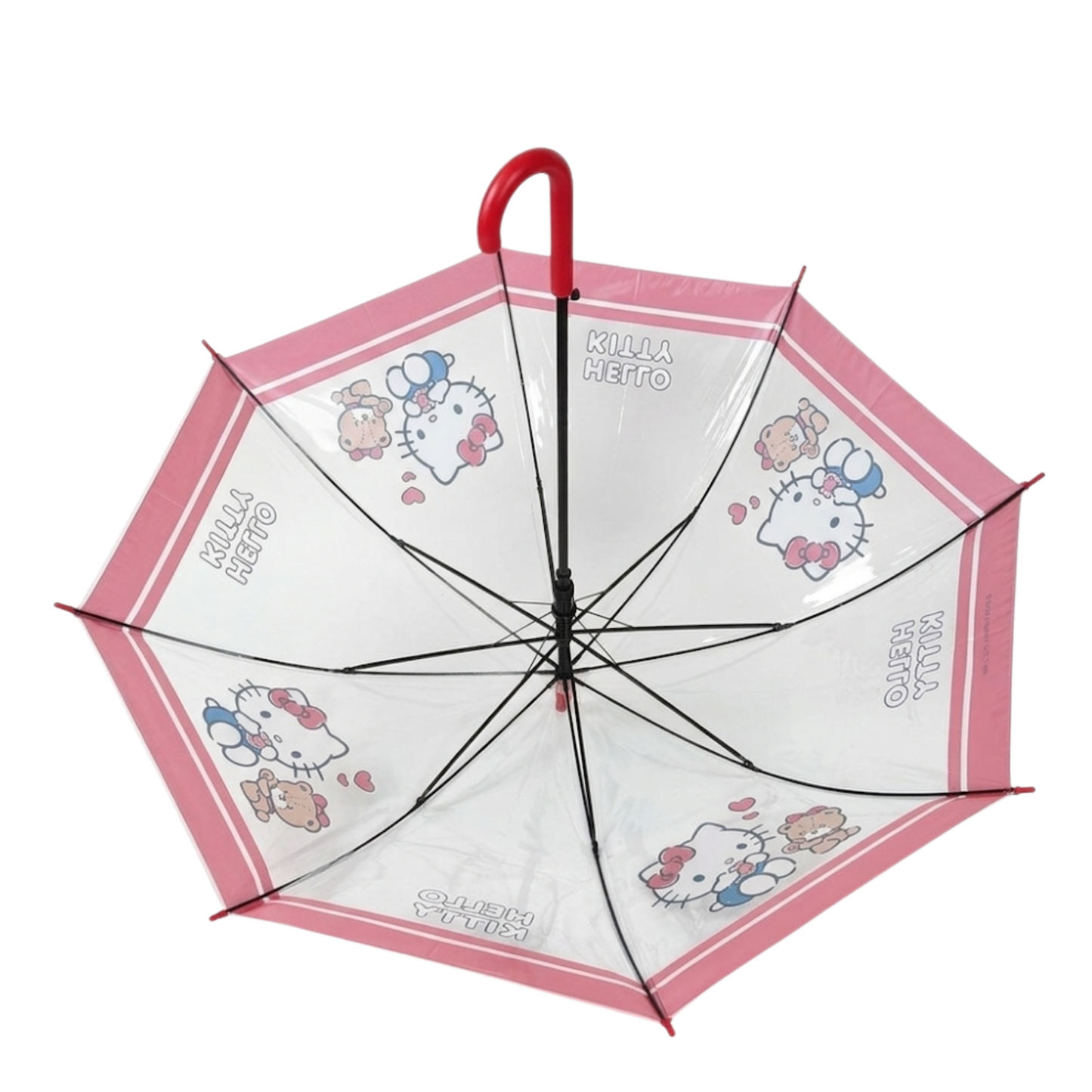 Sanrio Kawaii Cute Hello Kitty Stick Umbrella – Clear Transparent POE Canopy, Auto Open, 8-Rib, Wind Resistant. Pinch-Free Close,