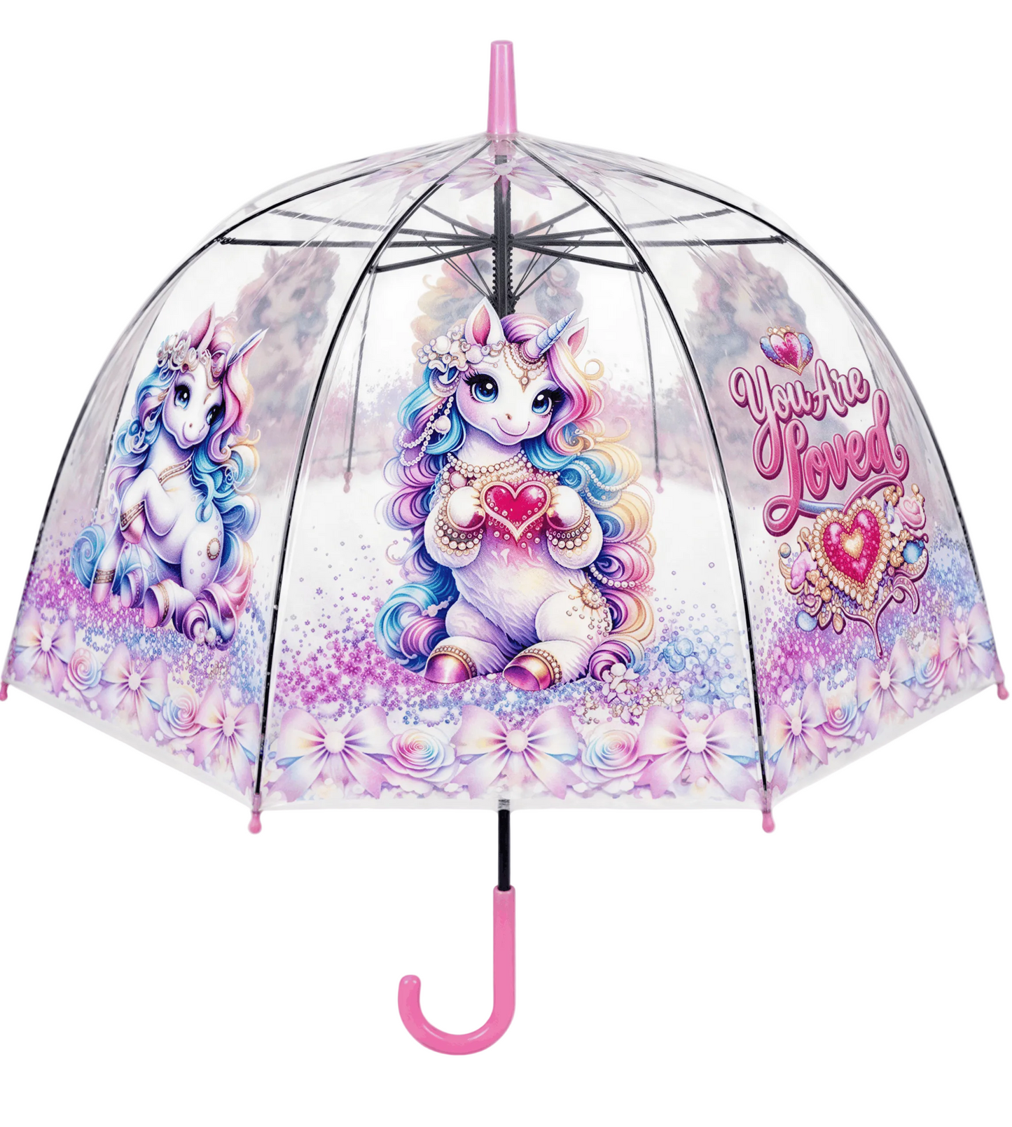 Clear Dome Umbrella – Unicorn Design, Bubble Umbrella for Kids & Adults, Clear Dome Canopy, 8 Fiberglass Ribs, Auto Open, Pinch-Free Close, Curved Comfort Handle,YOU ARE LOVED Collection.