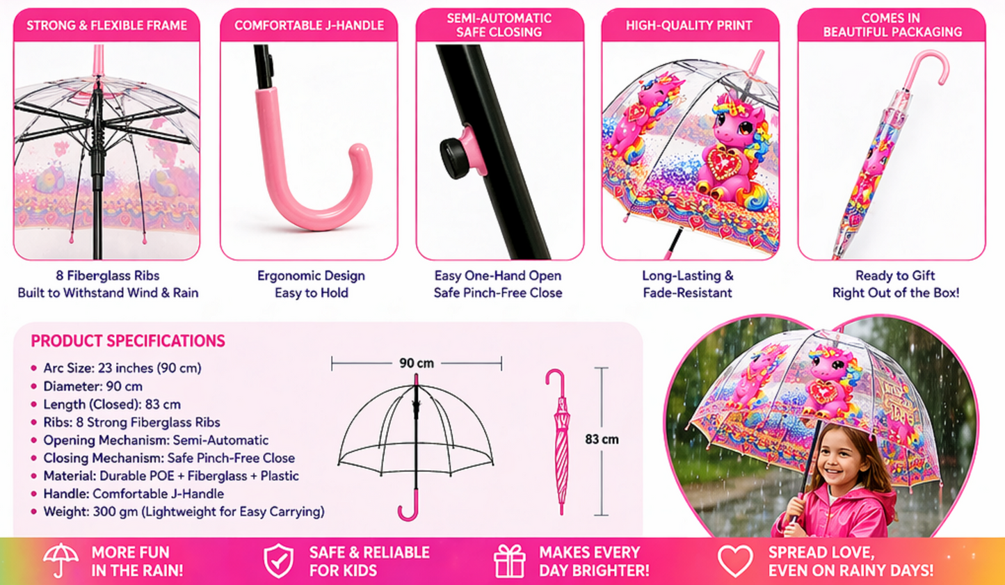 Clear Dome Umbrella – Pink Unicor Bubble Umbrella for Kids & Adults, Clear Dome Canopy, 8 Fiberglass Ribs, Auto Open, Pinch-Free Close, Curved Comfort Handle With Heart Charm,YOU ARE LOVED Collection.