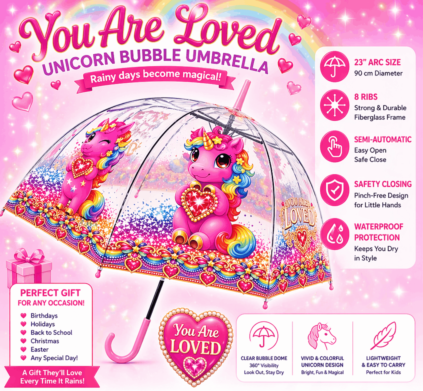 Clear Dome Umbrella – Pink Unicor Bubble Umbrella for Kids & Adults, Clear Dome Canopy, 8 Fiberglass Ribs, Auto Open, Pinch-Free Close, Curved Comfort Handle With Heart Charm,YOU ARE LOVED Collection.