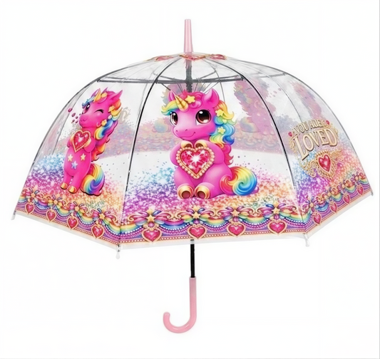 Clear Dome Umbrella – Unicorn Design, Bubble Umbrella for Kids & Adults, Clear Dome Canopy, 8 Fiberglass Ribs, Auto Open, Pinch-Free Close, Curved Comfort Handle,YOU ARE LOVED Collection.